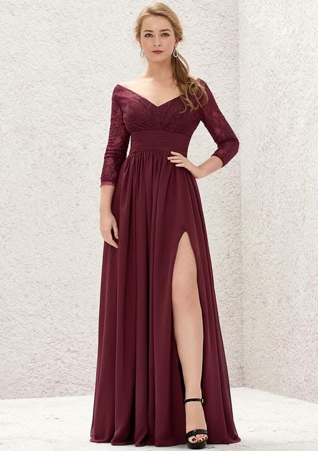 V-Neck A-Line Floor-Length Chiffon Bridesmaid Dress, Long Sleeves With Lace, Split, And Pleats BM bride