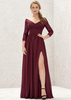 V-Neck A-Line Floor-Length Chiffon Bridesmaid Dress, Long Sleeves With Lace, Split, And Pleats BM bride