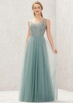 Long/Floor-Length Tulle Bridesmaid Dress, A-Line Cut, V-Neck, Sleeveless, With Lace BM bride