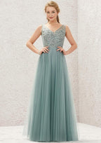 Long/Floor-Length Tulle Bridesmaid Dress, A-Line Cut, V-Neck, Sleeveless, With Lace BM bride