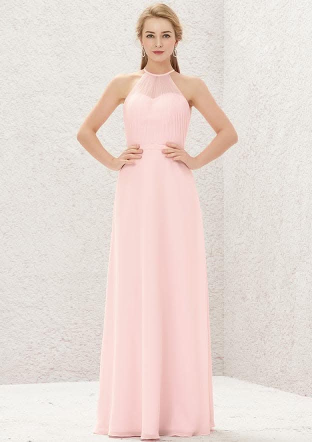 Long/Floor-Length Chiffon Bridesmaid Dress, A-Line Cut, Halter Neck, Sleeveless BM bride