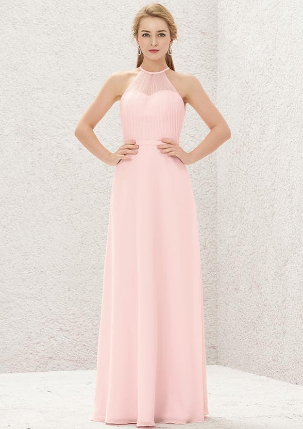Long/Floor-Length Chiffon Bridesmaid Dress, A-Line Cut, Halter Neck, Sleeveless BM bride