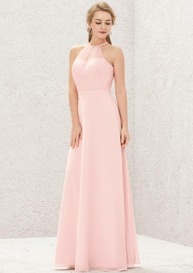 Long/Floor-Length Chiffon Bridesmaid Dress, A-Line Cut, Halter Neck, Sleeveless BM bride