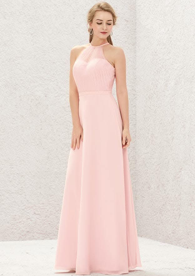 Long/Floor-Length Chiffon Bridesmaid Dress, A-Line Cut, Halter Neck, Sleeveless BM bride