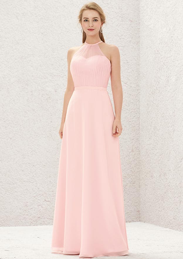 Long/Floor-Length Chiffon Bridesmaid Dress, A-Line Cut, Halter Neck, Sleeveless BM bride