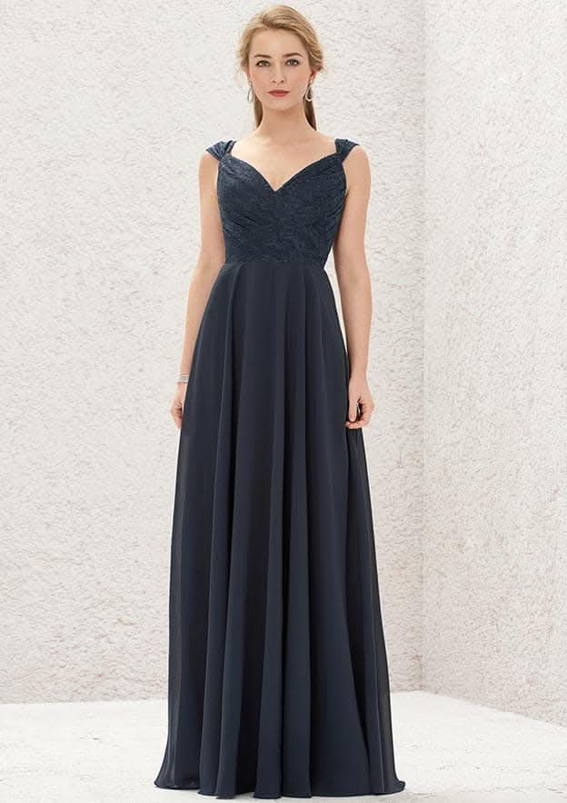 Long/Floor-Length Chiffon Bridesmaid Dress, V-Neck, Sleeveless, With Lace Detail BM bride