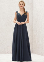 Long/Floor-Length Chiffon Bridesmaid Dress, V-Neck, Sleeveless, With Lace Detail BM bride