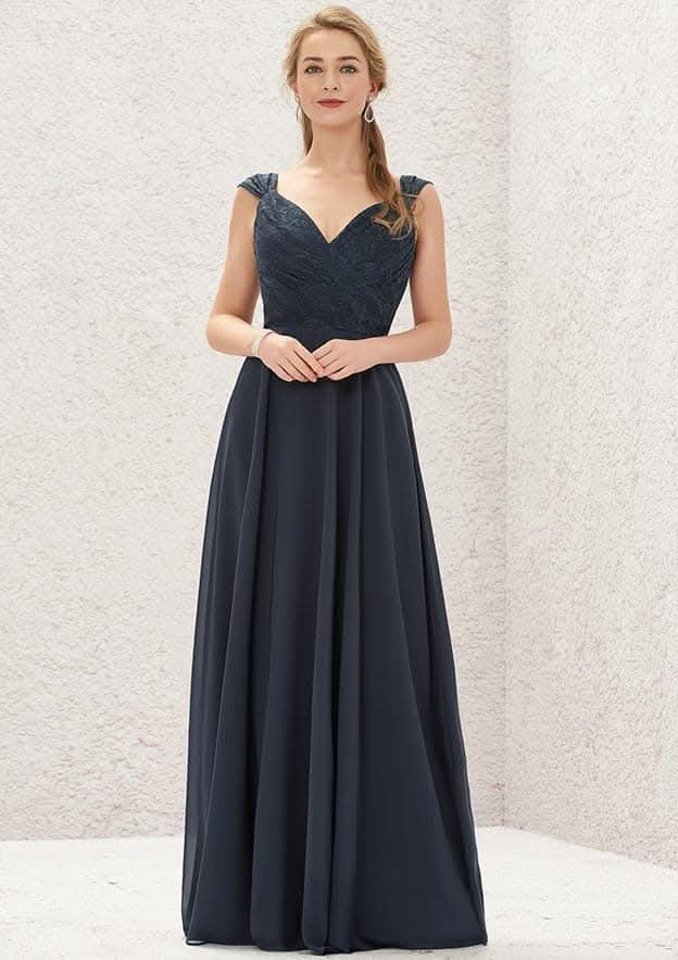 Long/Floor-Length Chiffon Bridesmaid Dress, V-Neck, Sleeveless, With Lace Detail BM bride