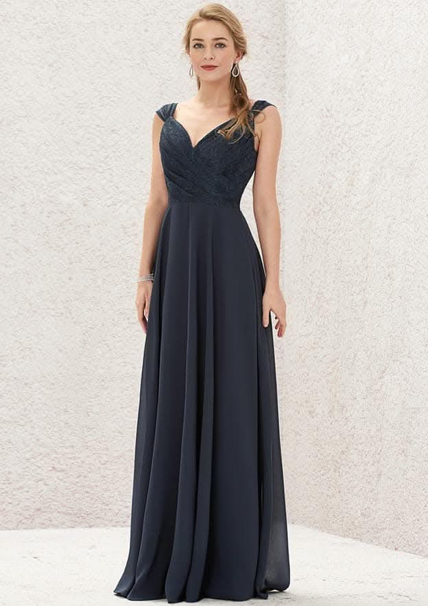 Long/Floor-Length Chiffon Bridesmaid Dress, V-Neck, Sleeveless, With Lace Detail BM bride