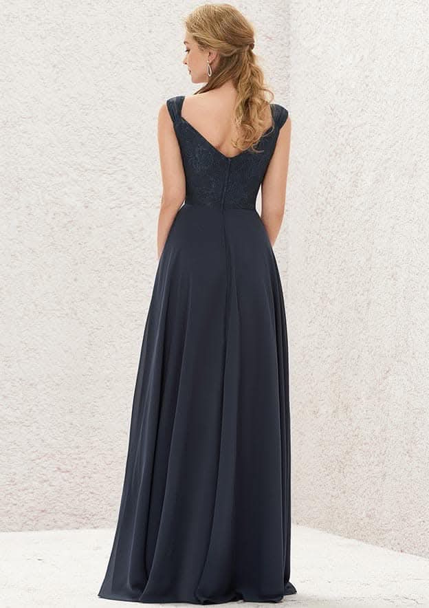 Long/Floor-Length Chiffon Bridesmaid Dress, V-Neck, Sleeveless, With Lace Detail BM bride