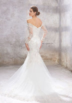 Glamorous Trumpet/Mermaid Off-the-Shoulder Full Long Sleeve Court Train Tulle Satin Wedding Dress with Applique Beading BM bride