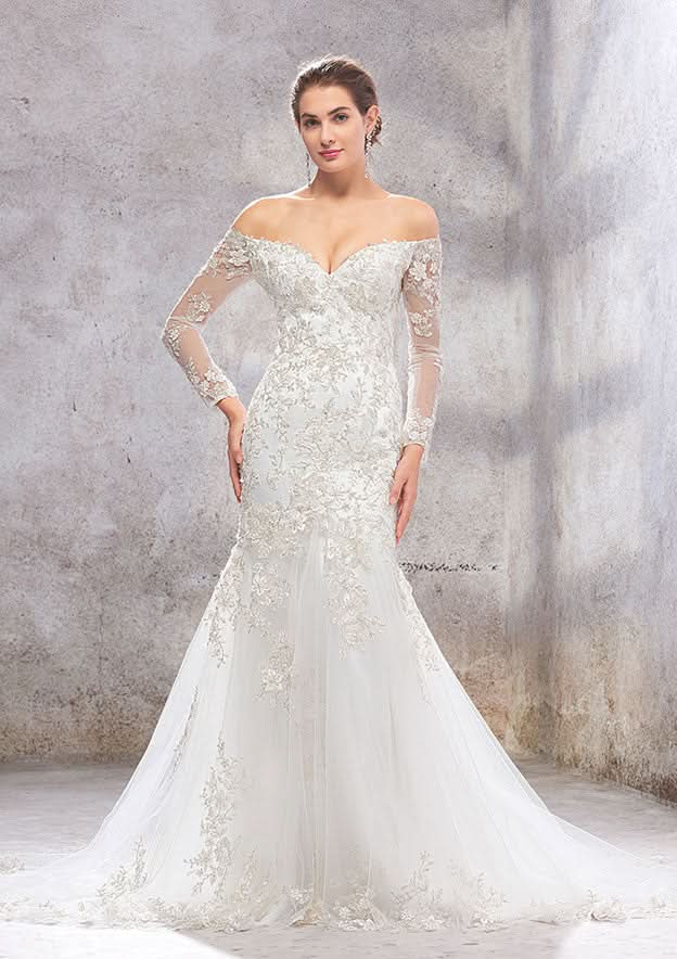 Glamorous Trumpet/Mermaid Off-the-Shoulder Full Long Sleeve Court Train Tulle Satin Wedding Dress with Applique Beading BM bride