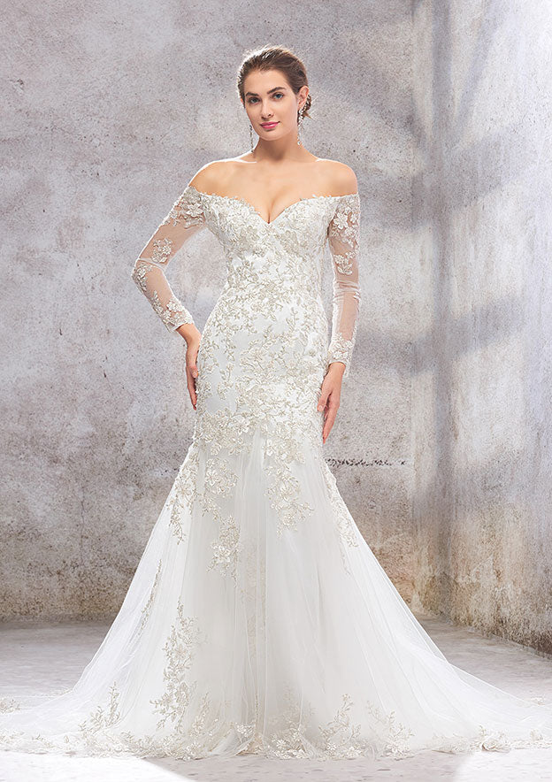 Glamorous Trumpet/Mermaid Off-the-Shoulder Full Long Sleeve Court Train Tulle Satin Wedding Dress with Appliqued Beading BM bride