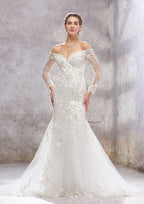 Glamorous Trumpet/Mermaid Off-the-Shoulder Full Long Sleeve Court Train Tulle Satin Wedding Dress with Applique Beading BM bride