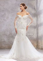 Glamorous Trumpet/Mermaid Off-the-Shoulder Full Long Sleeve Court Train Tulle Satin Wedding Dress with Applique Beading BM bride