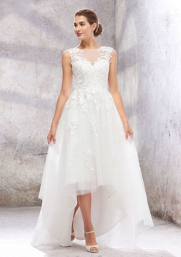 Sophisticated Empire A-Line Wedding Dress with Illusion Neck, Sleeveless Design, Asymmetrical Tulle, and Lace Sequins BM bride