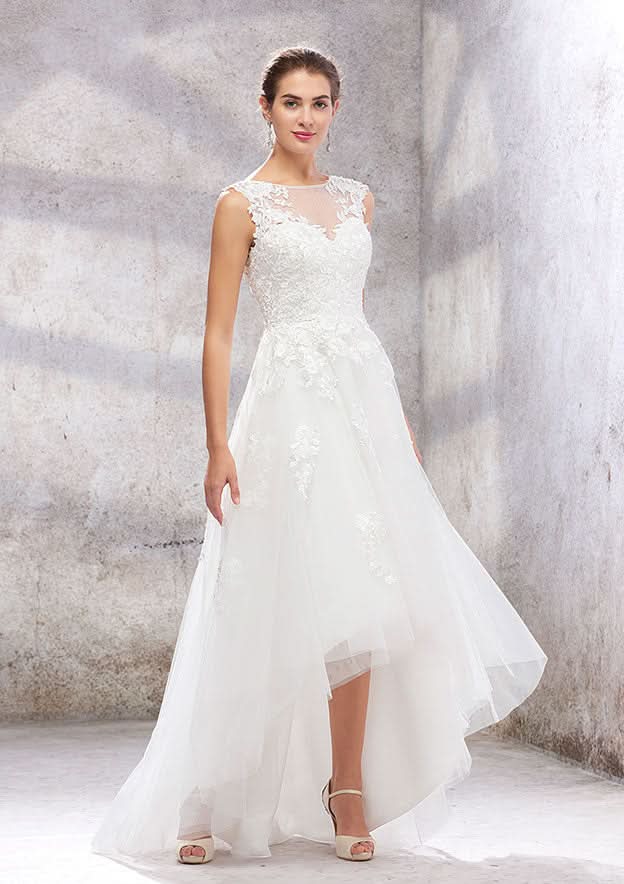 Sophisticated Empire A-Line Wedding Dress with Illusion Neck, Sleeveless Design, Asymmetrical Tulle, and Lace Sequins BM bride