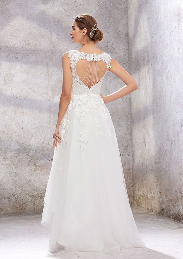 Sophisticated Empire A-Line Wedding Dress with Illusion Neck, Sleeveless Design, Asymmetrical Tulle, and Lace Sequins BM bride