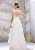Sophisticated Empire A-Line Wedding Dress with Illusion Neck, Sleeveless Design, Asymmetrical Tulle, and Lace Sequins BM bride
