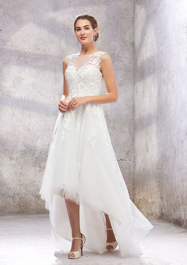 Sophisticated Empire A-Line Wedding Dress with Illusion Neck, Sleeveless Design, Asymmetrical Tulle, and Lace Sequins BM bride