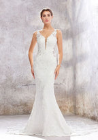 Refined V-Neck Sleeveless Chapel Train Stretch Crepe Lace Wedding Dress with Beading in Trumpet/Mermaid Fit BM bride