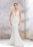 Refined V-Neck Sleeveless Chapel Train Stretch Crepe Lace Wedding Dress with Beading in Trumpet/Mermaid Fit BM bride
