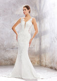Refined V-Neck Sleeveless Chapel Train Stretch Crepe Lace Wedding Dress with Beading in Trumpet/Mermaid Fit BM bride