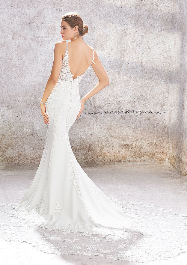 Refined V-Neck Sleeveless Chapel Train Stretch Crepe Lace Wedding Dress with Beading in Trumpet/Mermaid Fit BM bride