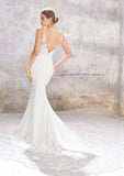 Refined V-Neck Sleeveless Chapel Train Stretch Crepe Lace Wedding Dress with Beading in Trumpet/Mermaid Fit BM bride