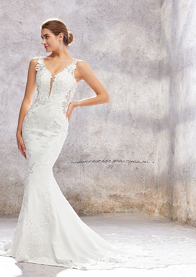 Refined V-Neck Sleeveless Chapel Train Stretch Crepe Lace Wedding Dress with Beading in Trumpet/Mermaid Fit BM bride