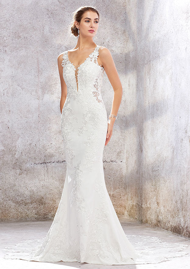 Refined V-Neck Sleeveless Chapel Train Stretch Crepe Lace Wedding Dress with Beading in Trumpet/Mermaid Fit BM bride