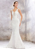 Refined V-Neck Sleeveless Chapel Train Stretch Crepe Lace Wedding Dress with Beading in Trumpet/Mermaid Fit BM bride