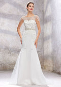 Glamorous Trumpet/Mermaid Bateau Wedding Dress: Sleeveless with Sweep Train in Tulle and Beaded Sequins BM bride