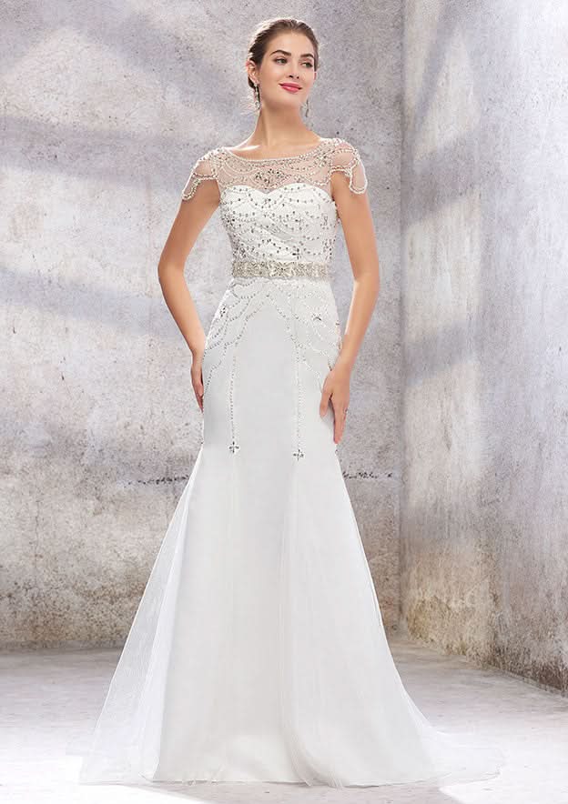 Glamorous Trumpet/Mermaid Bateau Wedding Dress: Sleeveless with Sweep Train in Tulle and Beaded Sequins BM bride