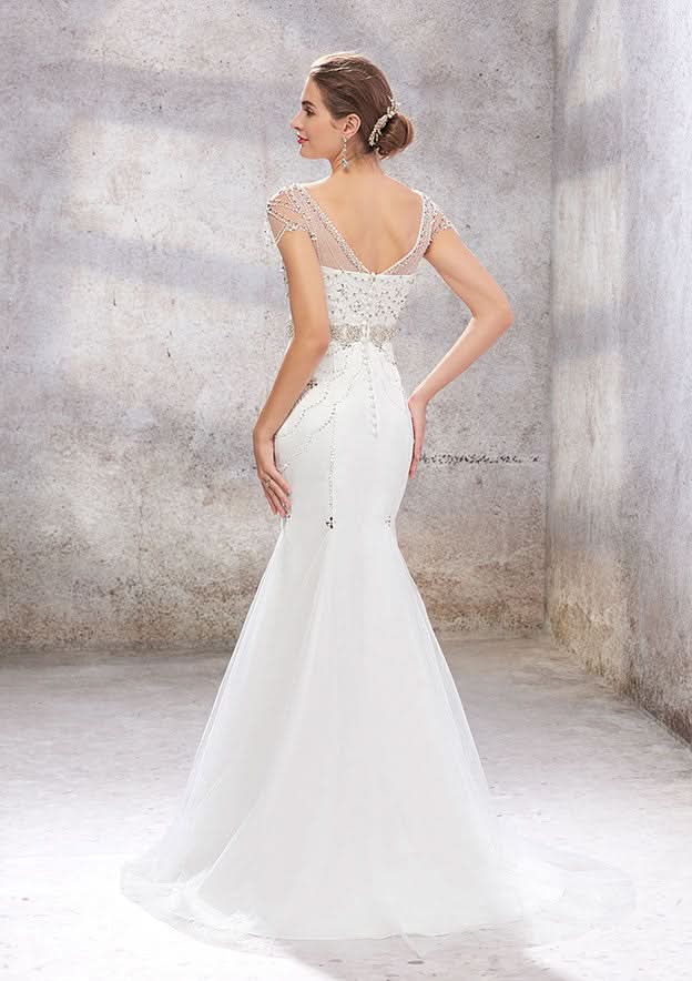 Glamorous Trumpet/Mermaid Bateau Wedding Dress: Sleeveless with Sweep Train in Tulle and Beaded Sequins BM bride