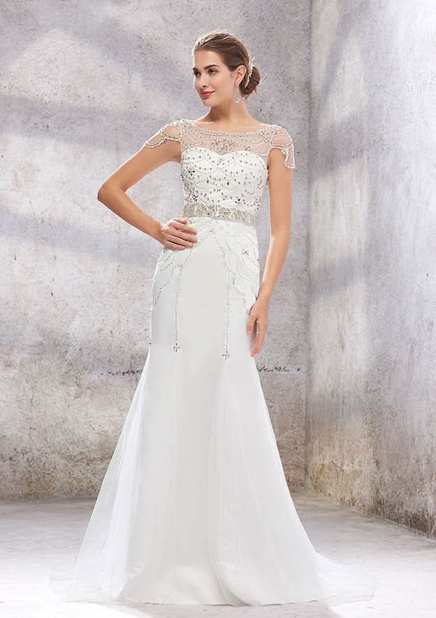 Glamorous Trumpet/Mermaid Bateau Wedding Dress: Sleeveless with Sweep Train in Tulle and Beaded Sequins BM bride