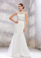 Glamorous Trumpet/Mermaid Bateau Wedding Dress: Sleeveless with Sweep Train in Tulle and Beaded Sequins BM bride
