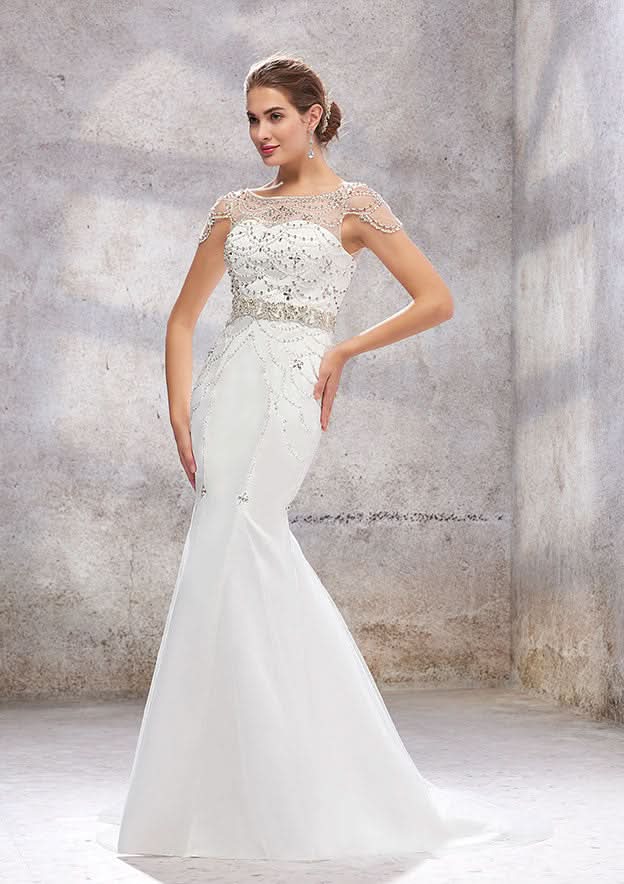 Glamorous Trumpet/Mermaid Bateau Wedding Dress: Sleeveless with Sweep Train in Tulle and Beaded Sequins BM bride