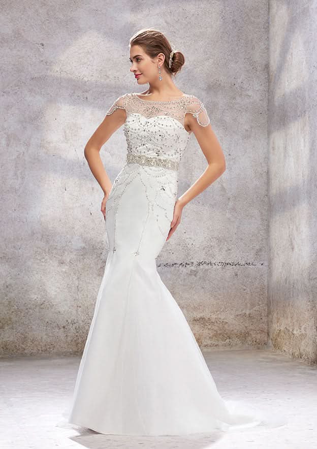 Glamorous Trumpet/Mermaid Bateau Wedding Dress: Sleeveless with Sweep Train in Tulle and Beaded Sequins BM bride