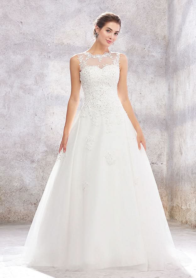 Enchanting Princess Ball Gown: Illusion Neck Organza and Tulle with Sequins and Beaded Lace, Sweep Train BM bride