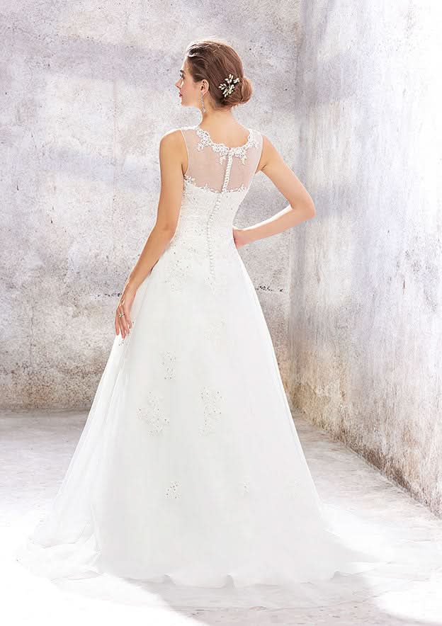 Enchanting Princess Ball Gown: Illusion Neck Organza and Tulle with Sequins and Beaded Lace, Sweep Train BM bride