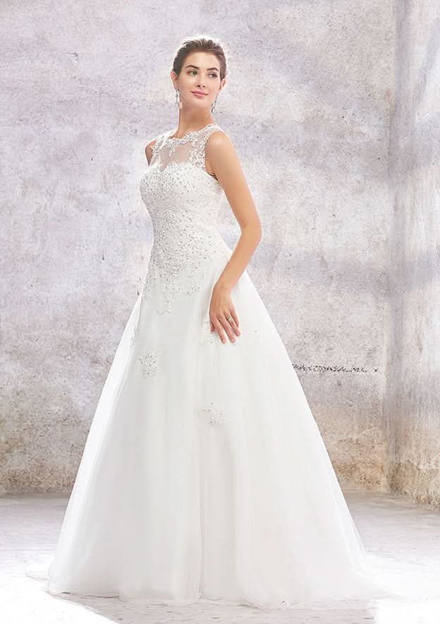 Enchanting Princess Ball Gown: Illusion Neck Organza and Tulle with Sequins and Beaded Lace, Sweep Train BM bride