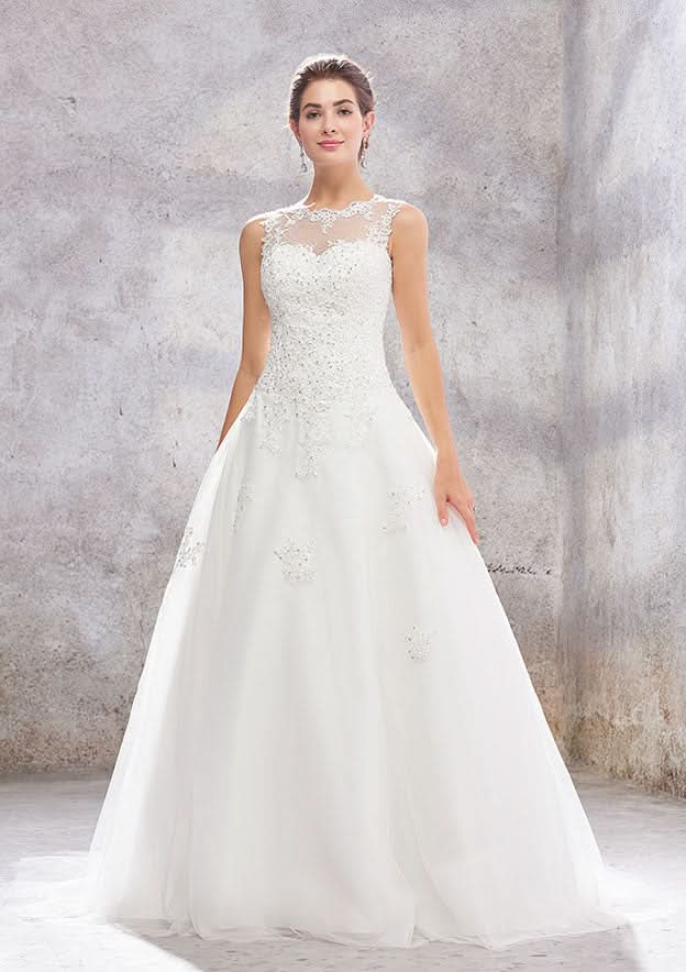 Enchanting Princess Ball Gown: Illusion Neck Organza and Tulle with Sequins and Beaded Lace, Sweep Train BM bride