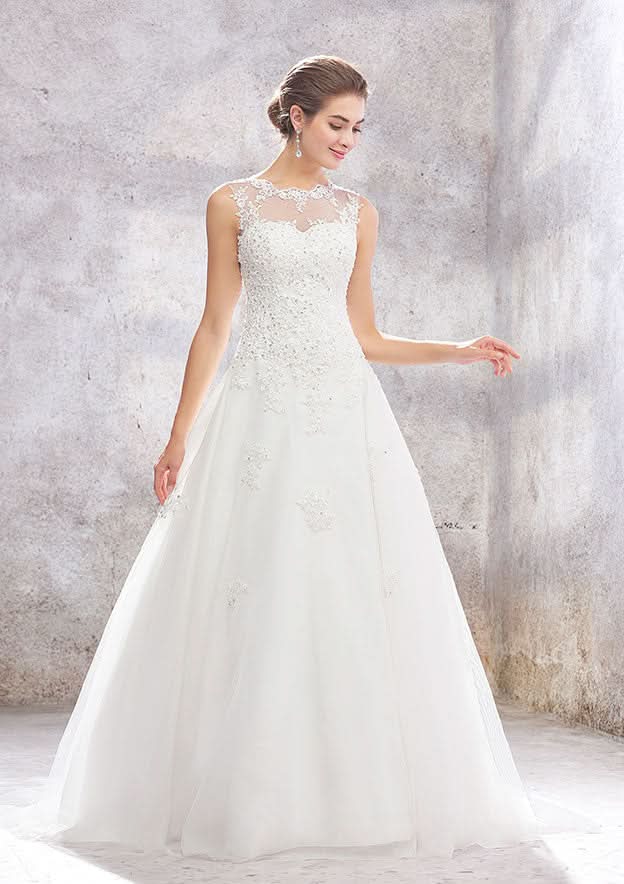 Enchanting Princess Ball Gown: Illusion Neck Organza and Tulle with Sequins and Beaded Lace, Sweep Train BM bride