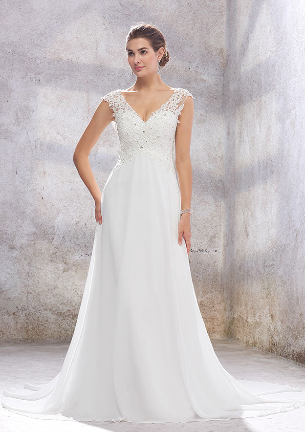 Chic A-Line Empire V-Neck Sleeveless Wedding Dress with Sweep Train in Chiffon, Featuring Beading, Sequins, and Appliqueds BM bride