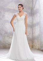 Chic A-Line Empire V-Neck Sleeveless Wedding Dress with Sweep Train in Chiffon, Featuring Beading, Sequins, and Appliqueds BM bride