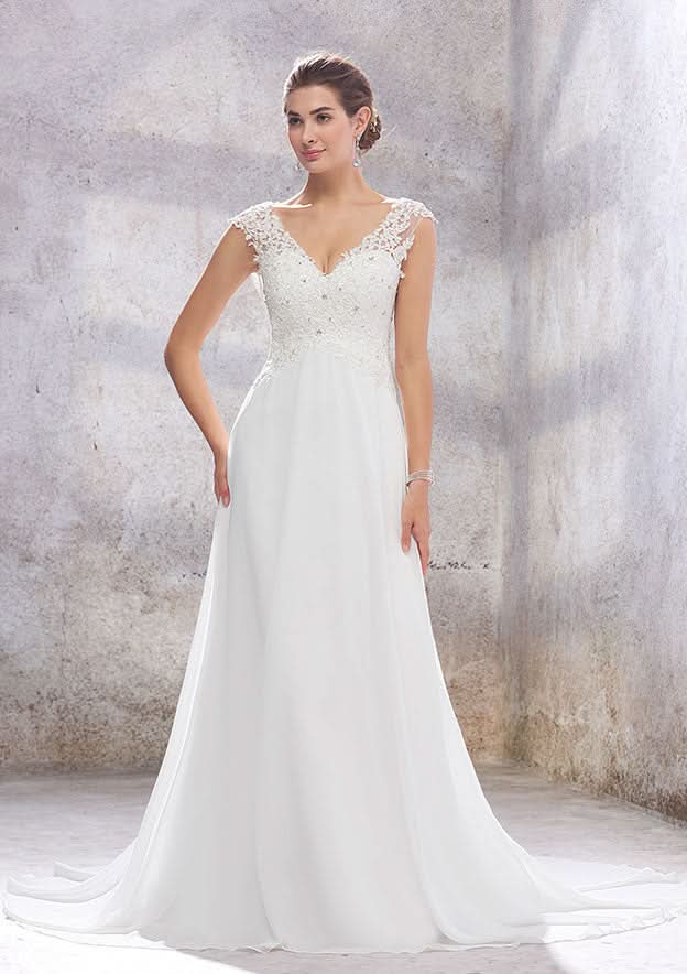 Chic A-Line Empire V-Neck Sleeveless Wedding Dress with Sweep Train in Chiffon, Featuring Beading, Sequins, and Appliqueds BM bride