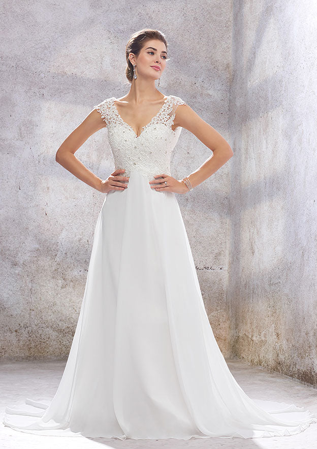 Chic A-Line Empire V-Neck Sleeveless Wedding Dress with Sweep Train in Chiffon, Featuring Beading, Sequins, and Appliques BM bride