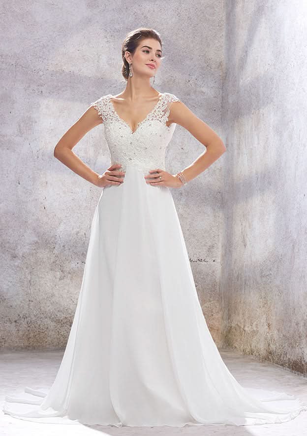Chic A-Line Empire V-Neck Sleeveless Wedding Dress with Sweep Train in Chiffon, Featuring Beading, Sequins, and Appliques BM bride