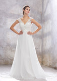 Chic A-Line Empire V-Neck Sleeveless Wedding Dress with Sweep Train in Chiffon, Featuring Beading, Sequins, and Appliques BM bride